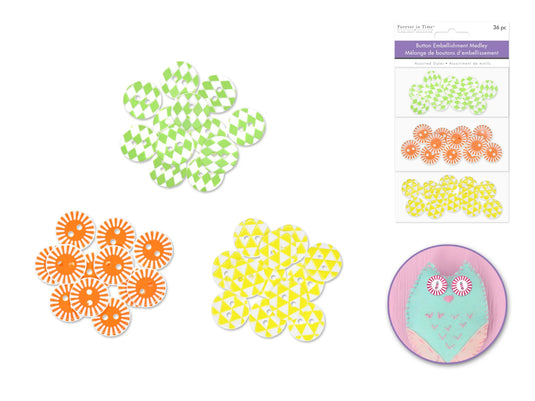 Button Embellishment: Round Pattern Button Medley 36pc 3-Tier A) Tropical