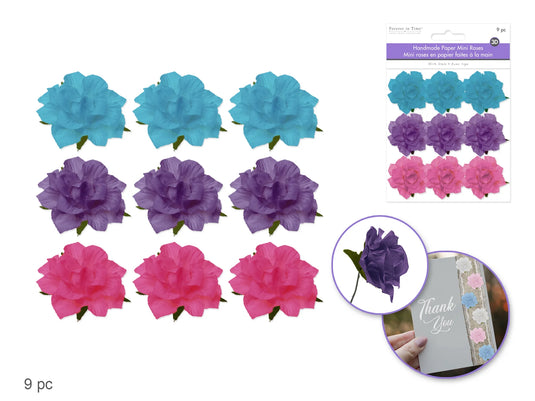 Floral Embellish: 1.25" Handmade Paper Mini Open Roses w/Stem A) Bold