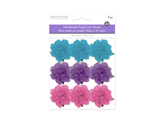 Floral Embellish: 1.25" Handmade Paper Mini Open Roses w/Stem A) Bold