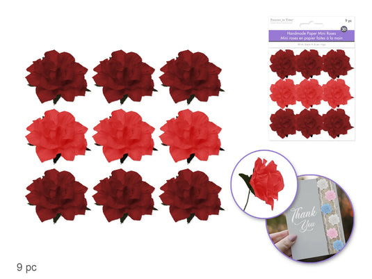 Floral Embellish: 1.25" Handmade Paper Mini Open Roses w/Stem C) Red Rose
