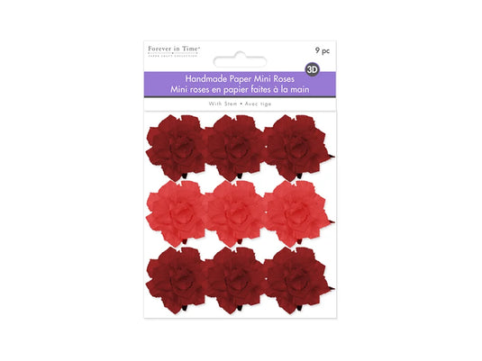 Floral Embellish: 1.25" Handmade Paper Mini Open Roses w/Stem C) Red Rose