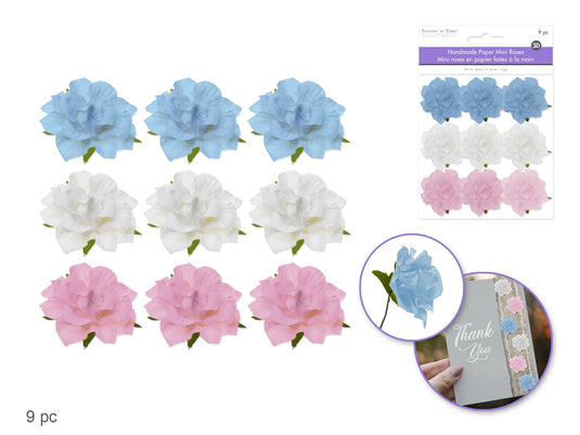 Floral Embellish: 1.25" Handmade Paper Mini Open Roses w/Stem D) Pastel