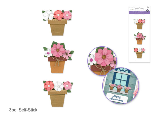 Floral Embellish: 3D Handmade Paper Flower Pots Self-Stick 3pc w/Pearls A) For Mom