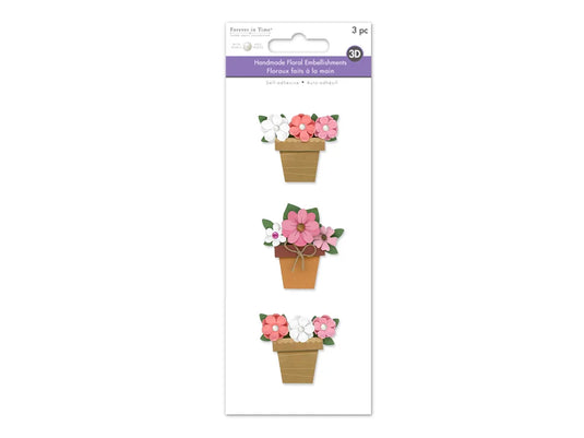 Floral Embellish: 3D Handmade Paper Flower Pots Self-Stick 3pc w/Pearls A) For Mom