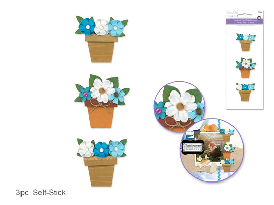 Floral Embellish: 3D Handmade Paper Flower Pots Self-Stick 3pc w/Pearls B) Touch of Blue