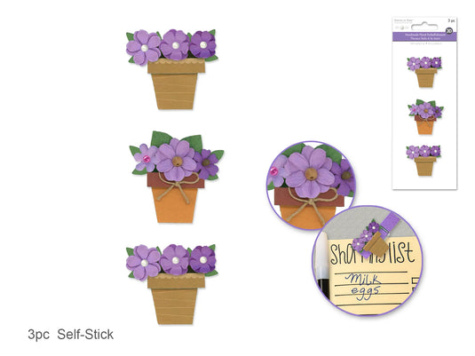 Floral Embellish: 3D Handmade Paper Flower Pots Self-Stick 3pc w/Pearls C) Viola