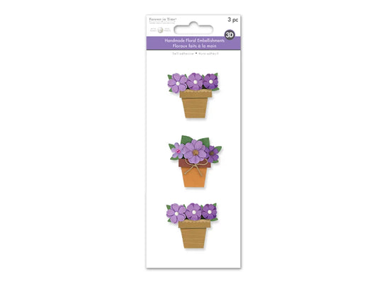 Floral Embellish: 3D Handmade Paper Flower Pots Self-Stick 3pc w/Pearls C) Viola