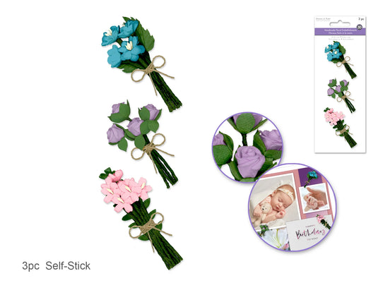 Floral Embellish: 3D Handmade Paper Floral Bouquets Self-Stick 3pc w/Jute B) Pastels