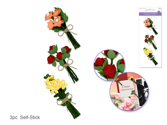 Floral Embellish: 3D Handmade Paper Floral Bouquets Self-Stick 3pc w/Jute C) Glamour