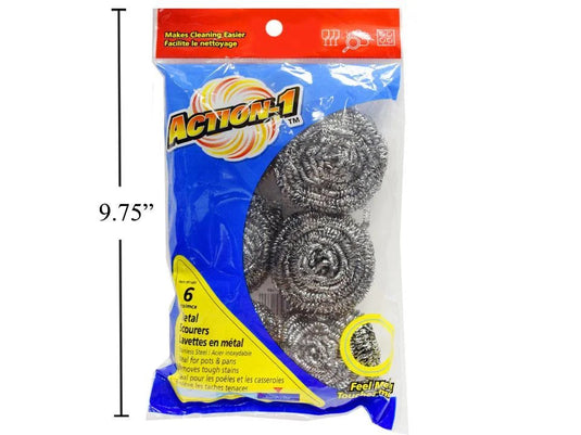 Action-1 6-PC Stainless Steel Scourers, Printed Bag, Silver