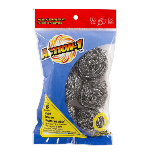 Action-1 6-PC Stainless Steel Scourers, Printed Bag, Silver