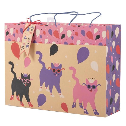 Paper T., DLX Jumbo Horiz. Gift Bag, Bday Cats, 210GSM, tag+j-hook