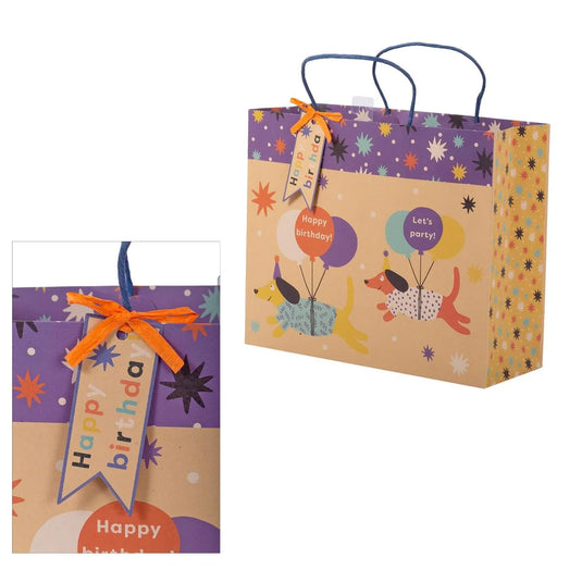 Paper T., DLX Large Horiz. Gift Bag, Bday Dogs, 210GSM, tag+j-hook