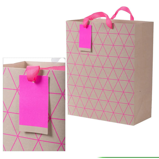 Paper T., Large Gift Bag, Geo Pink, Wht/Neon 200GSM, HS Tag +j-hook