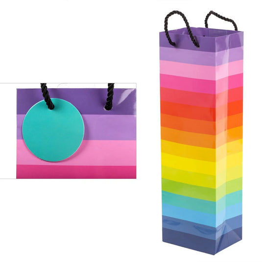 Paper T., Bottle Gift Bag, Rainbow Stripes, Glossy 180GSM,Tag +j-hook