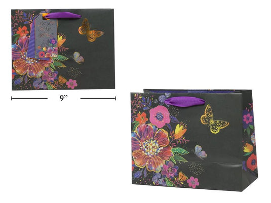 Paper T., Medium Gift Bag, Black Floral, Matte/HS,