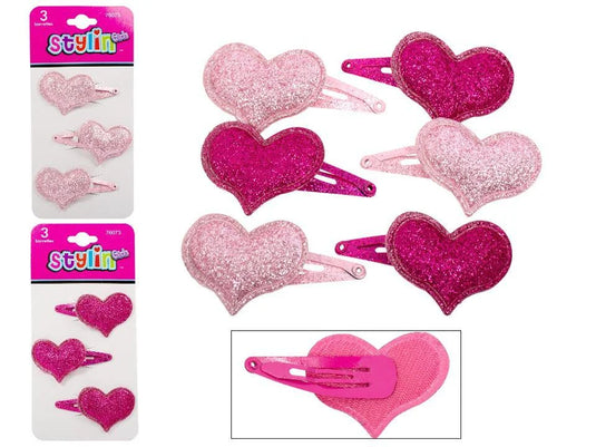 Stylin G, 3-pc glitter heart snap barrette, h/c