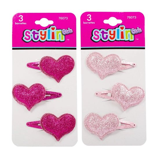 Stylin G, 3-pc glitter heart snap barrette, h/c