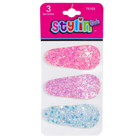Stylin G, 3-pc Glitter Snap Barrette, each 6x2.5cm, h/c
