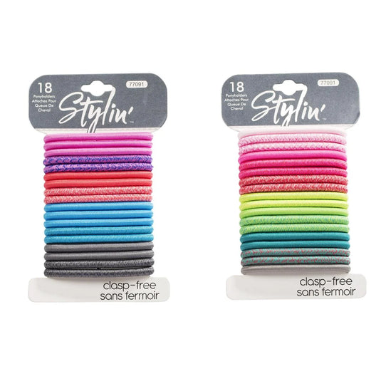 Stylin, 18-PC Thick Ponyholders clasp free,2-tone texture, h/c