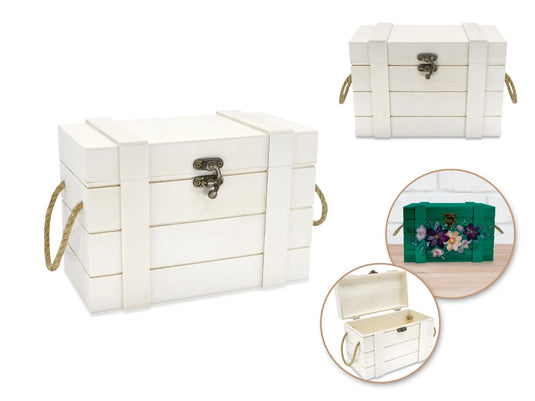 Wood Craft: 8.3"x5.7"x4.5" Treasure Chest w/Jute Handles + Brass Clasp