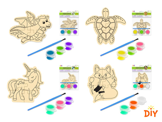 Krafty Kids Kit: DIY Wood Puzzle Kit w/3 Paint Pots+Brush A) Creature Fun