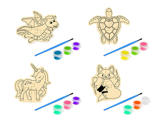 Krafty Kids Kit: DIY Wood Puzzle Kit w/3 Paint Pots+Brush A) Creature Fun