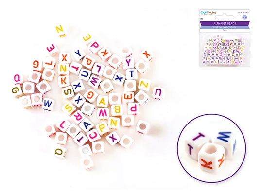 Alphabet Beads: 6mm Cube x68 A) White w/Colored Letters