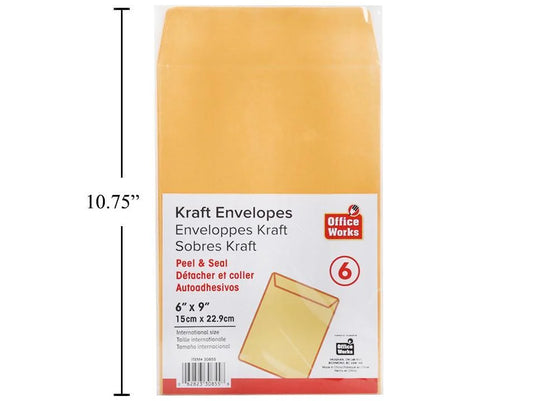 O.WKs. 6-pc 6"x9" Kraft Envelopes Peel & Seal, bag (HZ)
