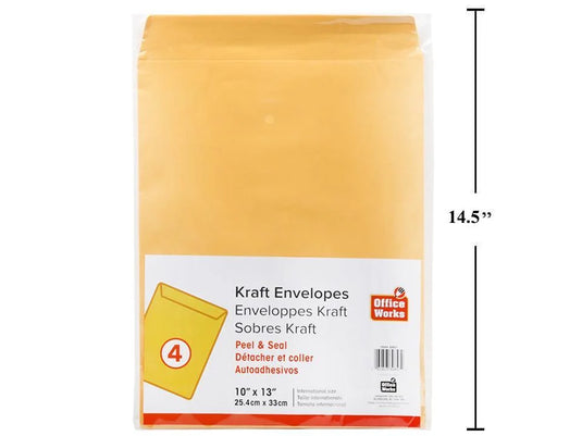 O.WKs. 4-pc 10x13" Kraft Envelopes Peel & Seal, bag (HZ)