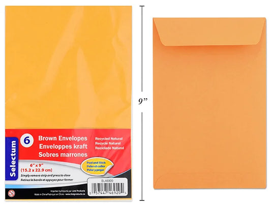 PEEL & SEAL BROWN KRAFT ENVELOPES 6X9" 6/PKG 95GMS