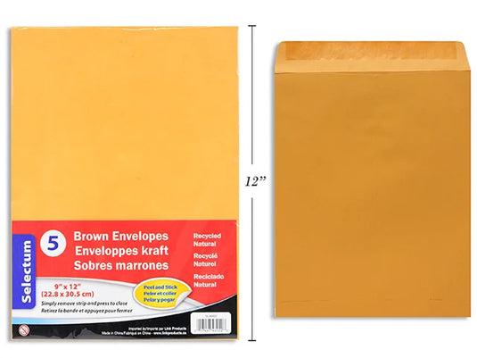 PEEL & SEAL KRAFT ENVELOPES 9X12" 5/PKG 95 GMS