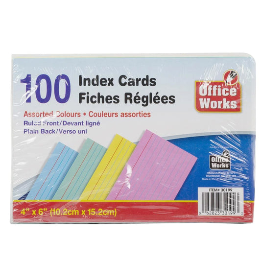 O.WKs. 4x6" 100-Pc Ruled Index Card Assorted Clrs, shrink wrap (HZ)