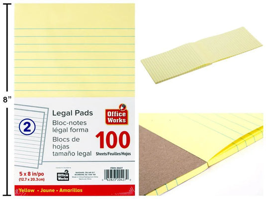 O.WKs. 2 pk 100-sheet, 5x8" Legal Pad,Yellow (HZ)
