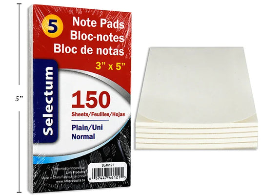 5 PC 3X5" NOTEPADS 30 SHTS/PAD= 150 TTL SHTS (PLAIN SHEET- TTL 480 PGS ) SHRINK WRAPPED