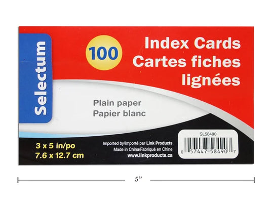 3X5" PLAIN INDEX CARDS- 100 COUNT SHRINK WRAPPED
