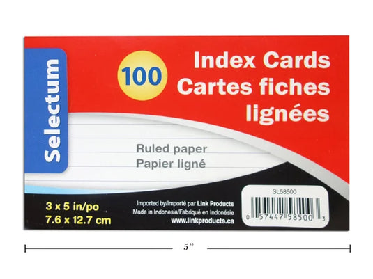 3X5" RULED INDEX CARDS-100 COUNT SHRINK WRAPPED RULED 1 SIDE
