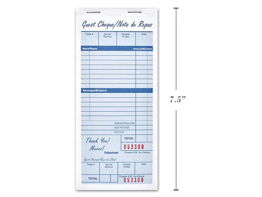 RESTAURANT GUEST CHECK PAD 3 3/8"X 7.5" 100 SHEETS BILINGUAL ( CONSECTIVE NUMBERS)