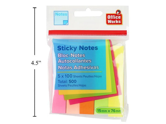 O.WKs.100-sheet Sticky Notes, 5-pack 76x15mm, Neon Col., pbh