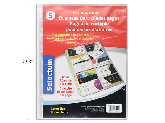 5 PK BUSINESS CARD BINDER SHEETS (HOLD CARDS) EACH SHT HOLDS 20 CARDS ( FITS INTO BINDERS )