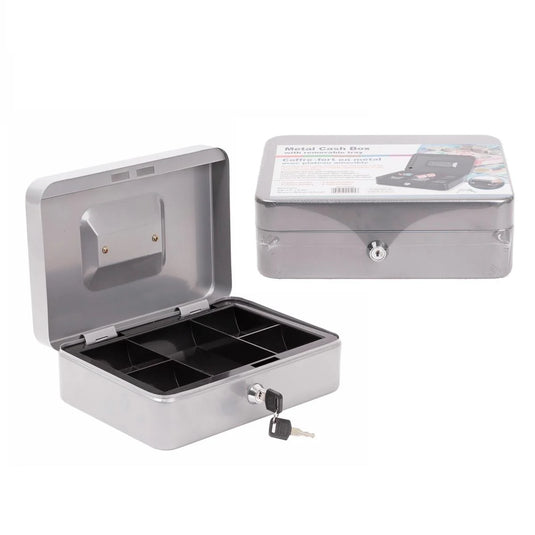 Heavy Duty Cash Box w/Lock, Grey, 9.75"Lx6.5"Wx3.25"H