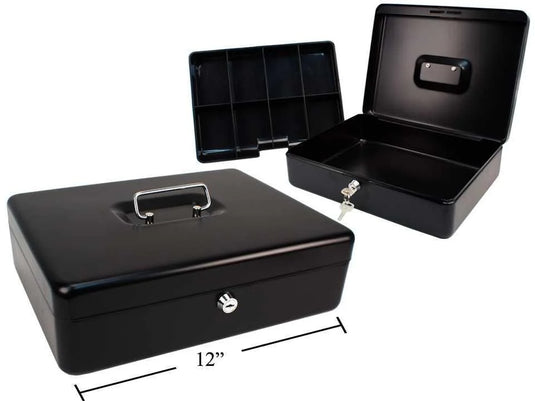 Large Heavy Duty Cash Box w/Lock, 12"Lx9.5"Wx3.5"H, Black w/box