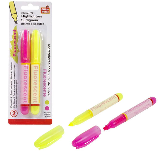 O.WKs. 2-pc Chisel Tip Highlighters Yellow & Pink