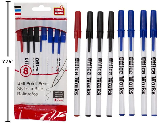 O.WKs.8-pc White Barrel Stick Pens Blue, Black & Red
