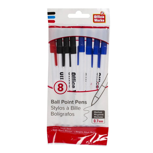 O.WKs.8-pc White Barrel Stick Pens Blue, Black & Red