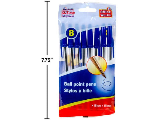 O.WKs. 8-pc 6.25" Ball Pens, Blue