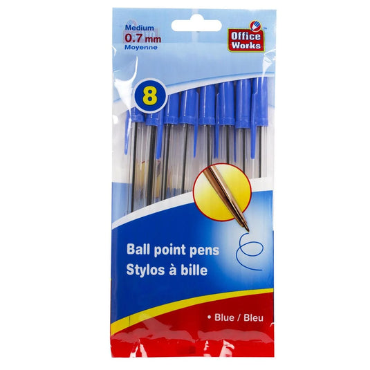 O.WKs. 8-pc 6.25" Ball Pens, Blue