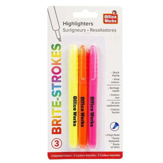 O.WKs. 3-pc "Brite" Hi-liters, Chisel Tip/Yel/Ong/Pnk(HZ)