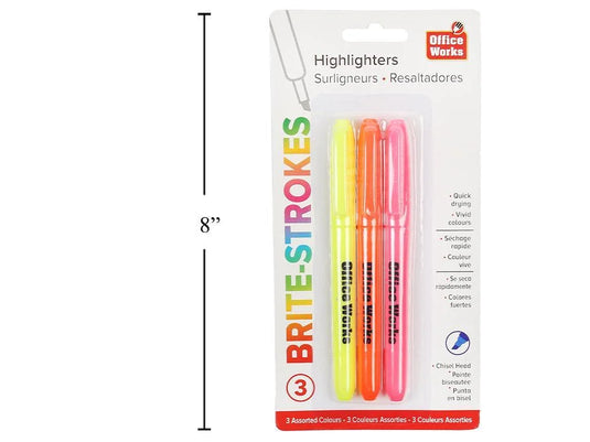O.WKs. 3-pc "Brite" Hi-liters, Chisel Tip/Yel/Ong/Pnk(HZ)