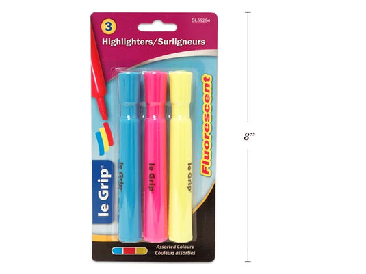 3 PC FLUROSCENT HIGHLIGHTERS YELLOW, BLUE, PINK CHISEL TIP